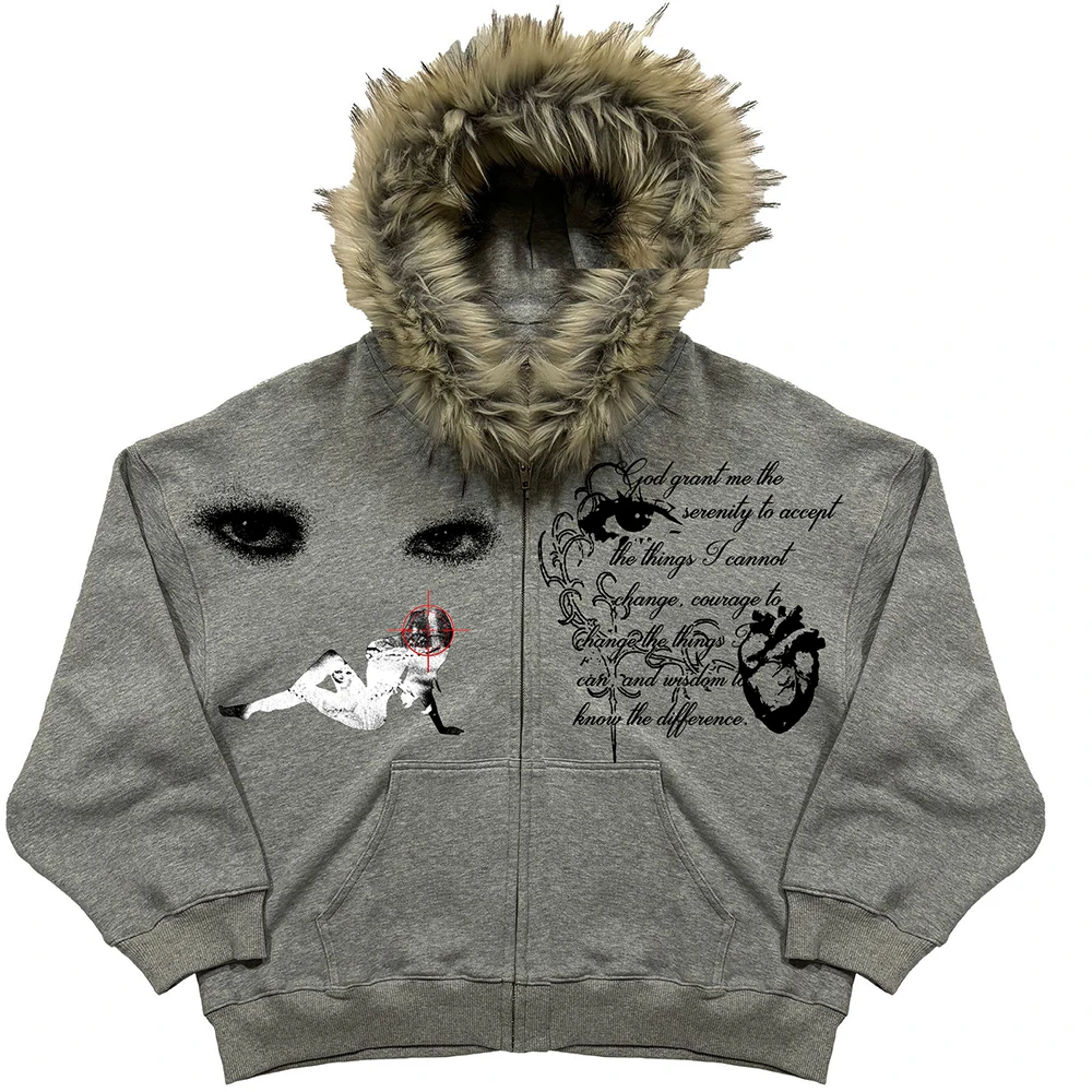 Retro Fashion Fur Collar Print Pattern Letter Hoodie Y2k Goth Street Men Women Loose Casual Sportswear Harajuku Jacket Zipper