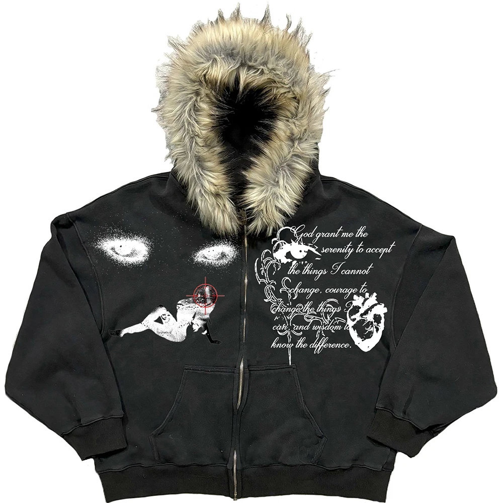 Retro Fashion Fur Collar Print Pattern Letter Hoodie Y2k Goth Street Men Women Loose Casual Sportswear Harajuku Jacket Zipper