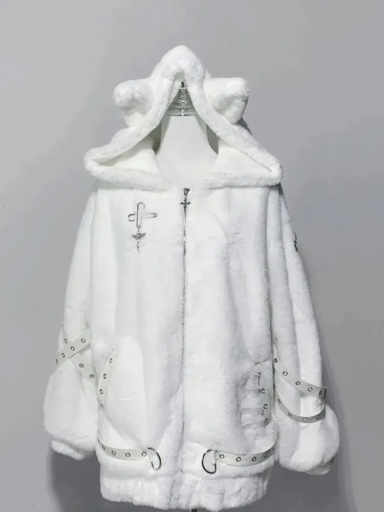 Japanese Kawaii Coat Long Sleeve Women Casual Solid Color Cat Ears Harajuku Sweatshirt Sweet Zipper Hoodie Autumn Winter Tops