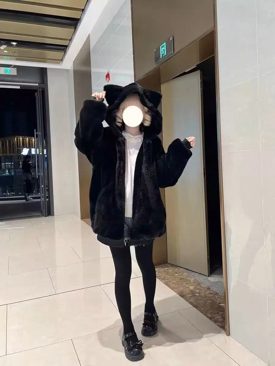 Japanese Kawaii Coat Long Sleeve Women Casual Solid Color Cat Ears Harajuku Sweatshirt Sweet Zipper Hoodie Autumn Winter Tops
