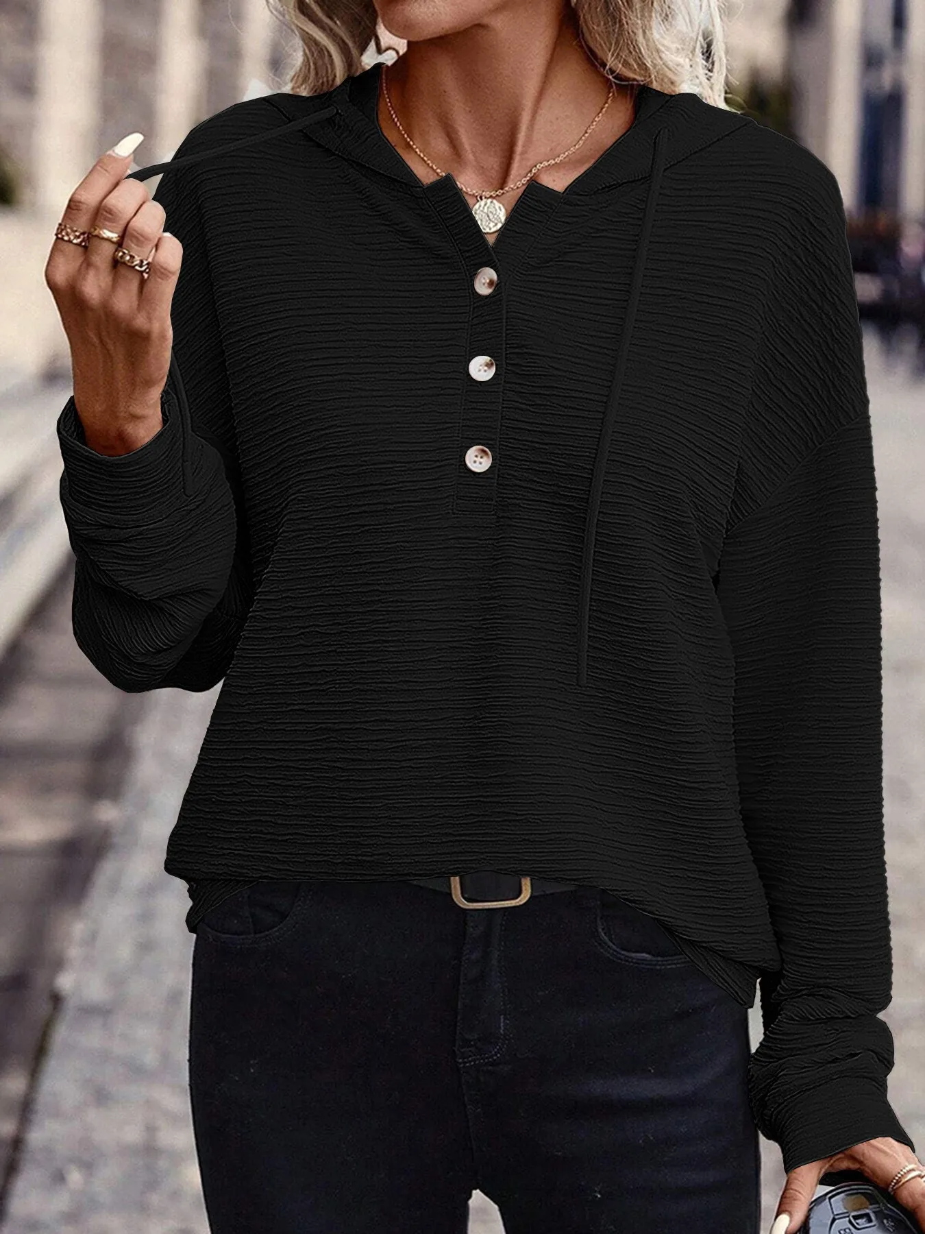 Casual Hooded Hoodie Mid Length Commuter with Jacquard Stripe or Check Pattern Three Button Placket Loose Fit Women Sweatshirt