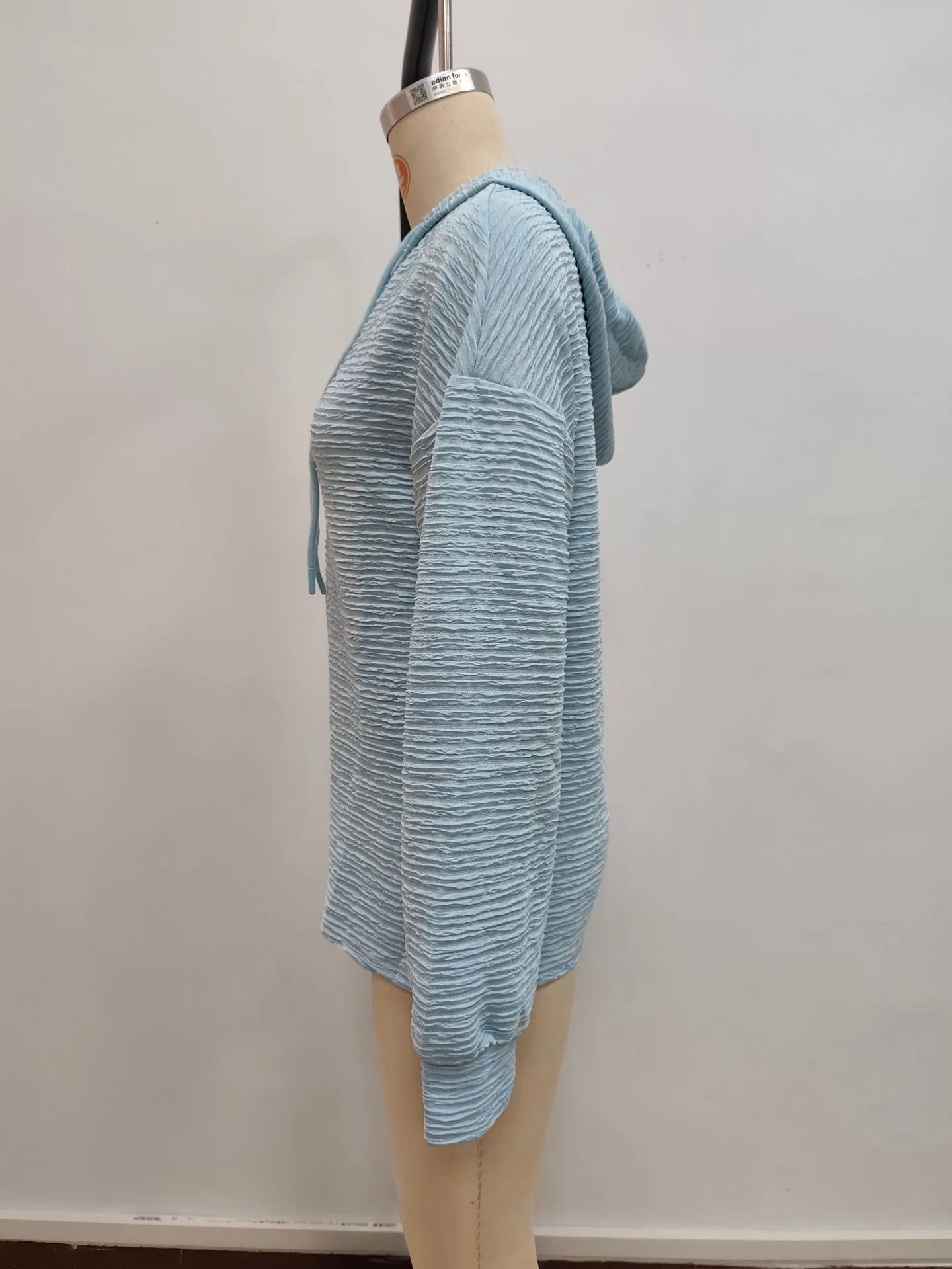Casual Hooded Hoodie Mid Length Commuter with Jacquard Stripe or Check Pattern Three Button Placket Loose Fit Women Sweatshirt