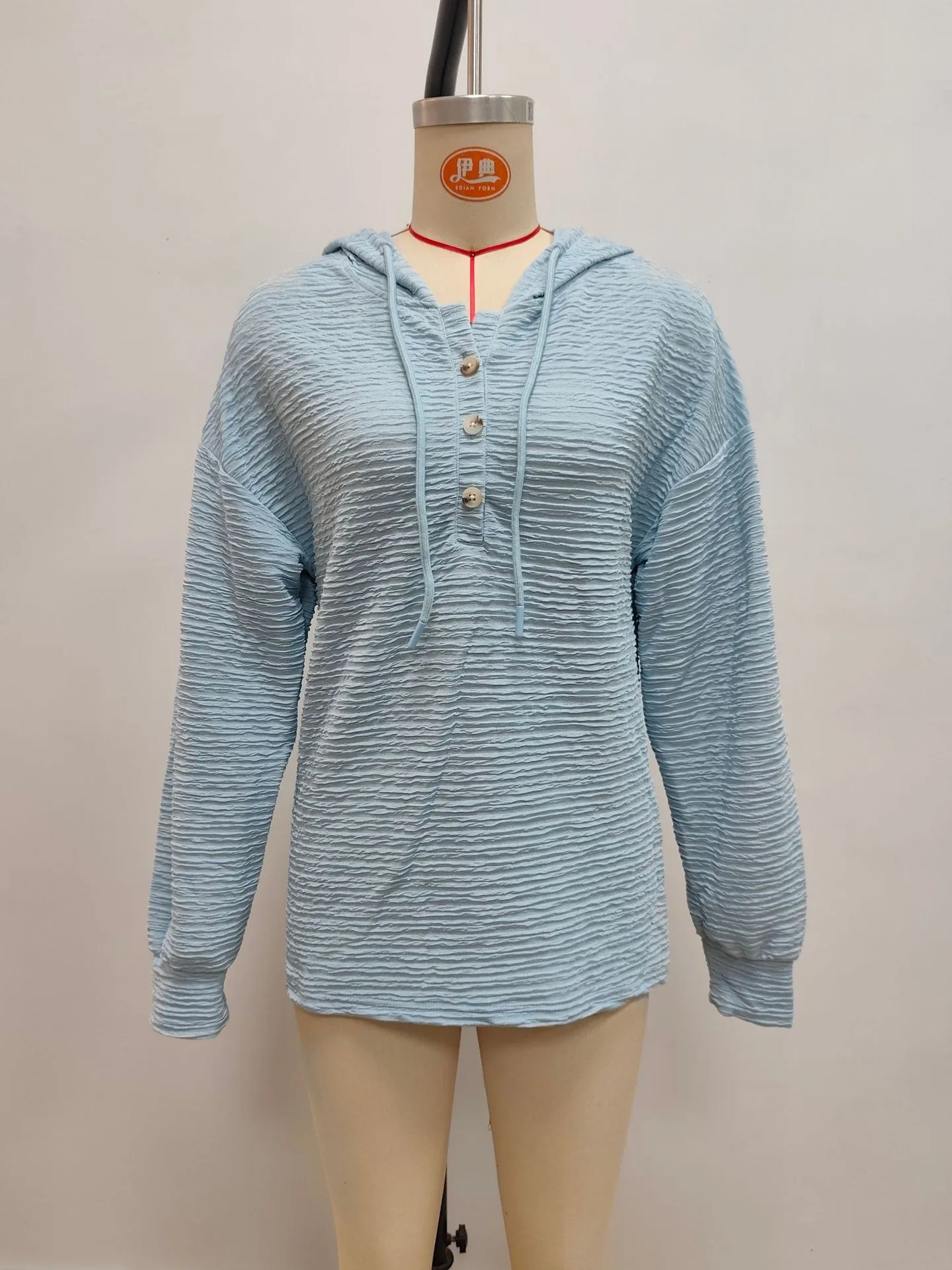 Casual Hooded Hoodie Mid Length Commuter with Jacquard Stripe or Check Pattern Three Button Placket Loose Fit Women Sweatshirt