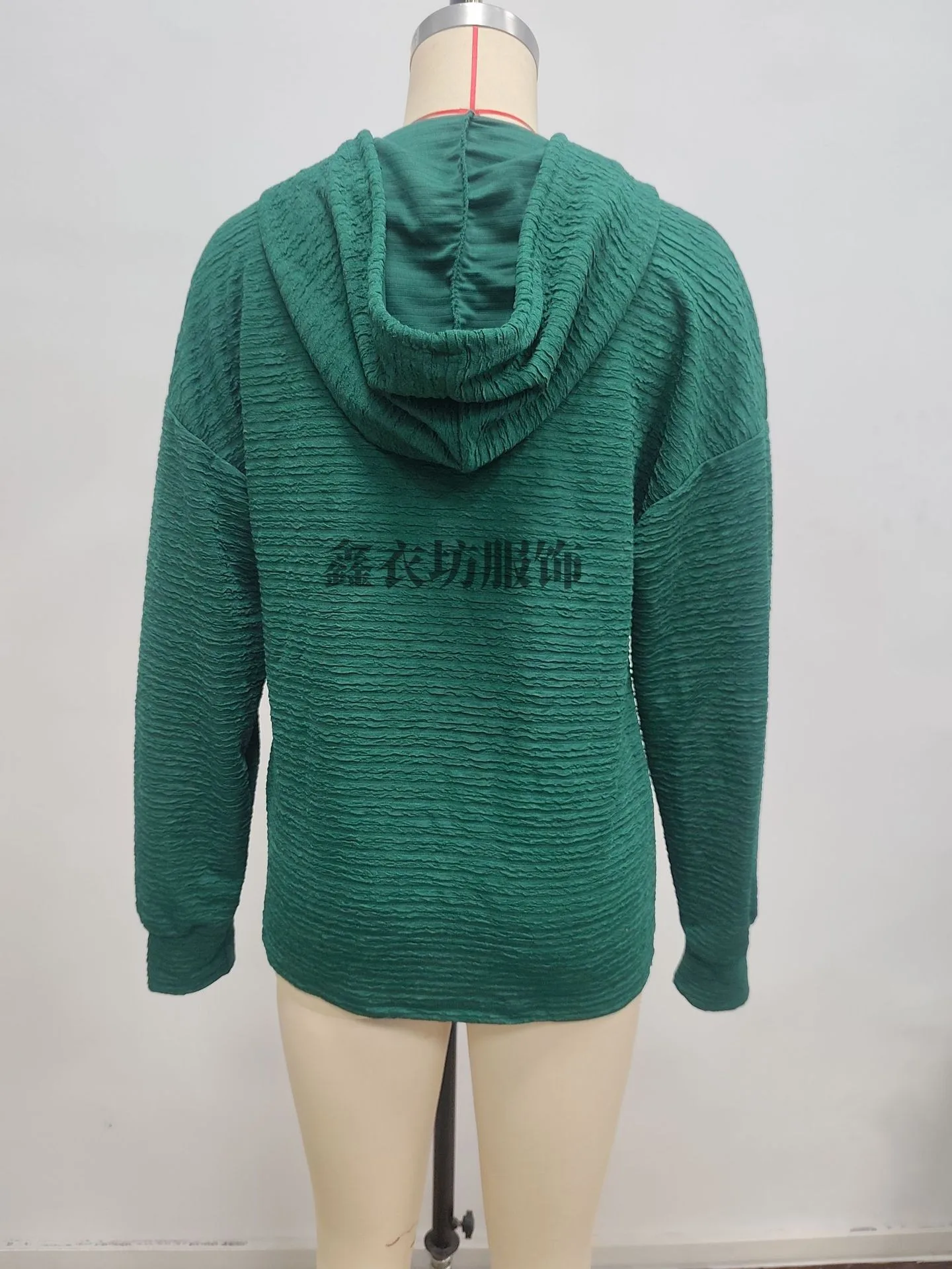Casual Hooded Hoodie Mid Length Commuter with Jacquard Stripe or Check Pattern Three Button Placket Loose Fit Women Sweatshirt