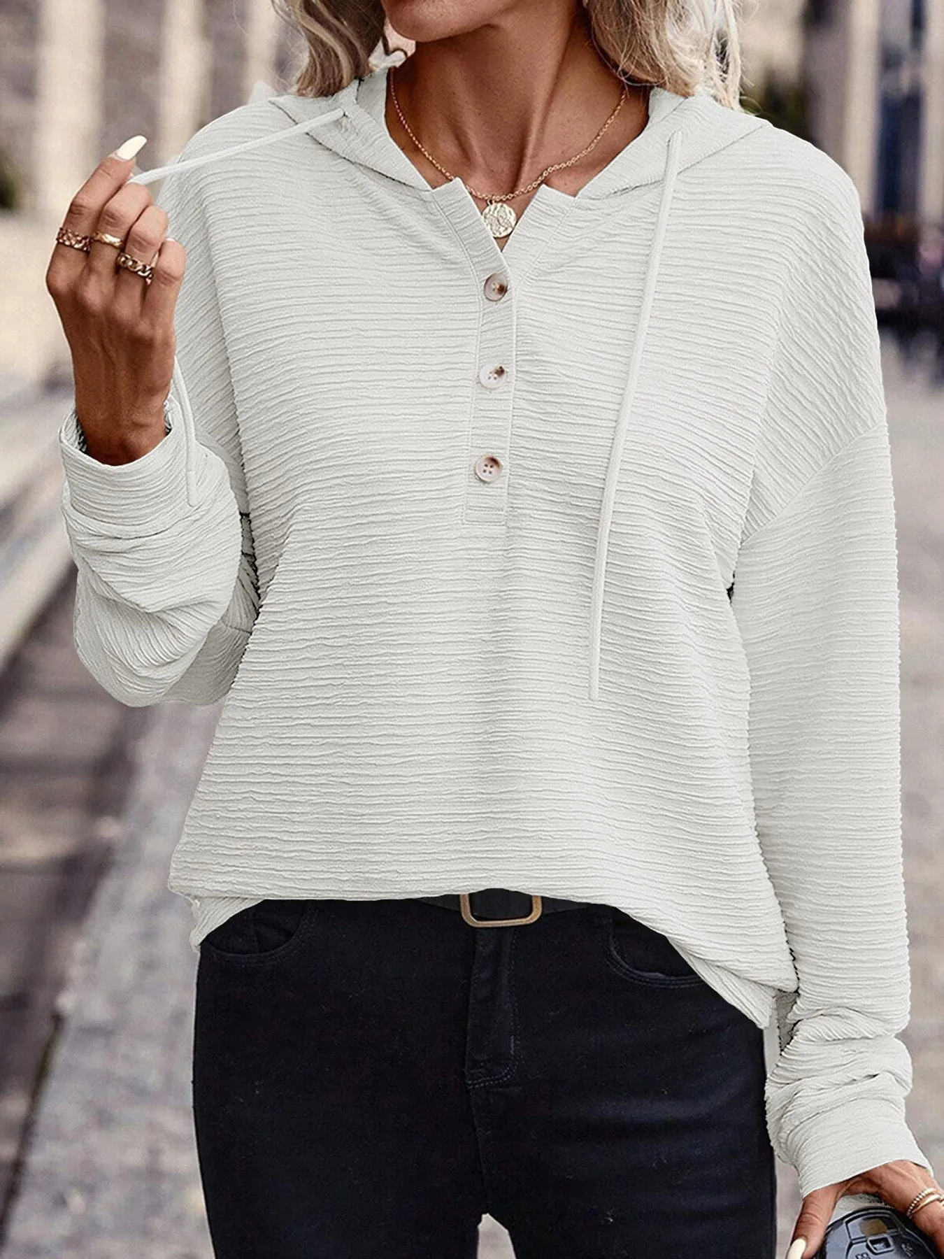 Casual Hooded Hoodie Mid Length Commuter with Jacquard Stripe or Check Pattern Three Button Placket Loose Fit Women Sweatshirt