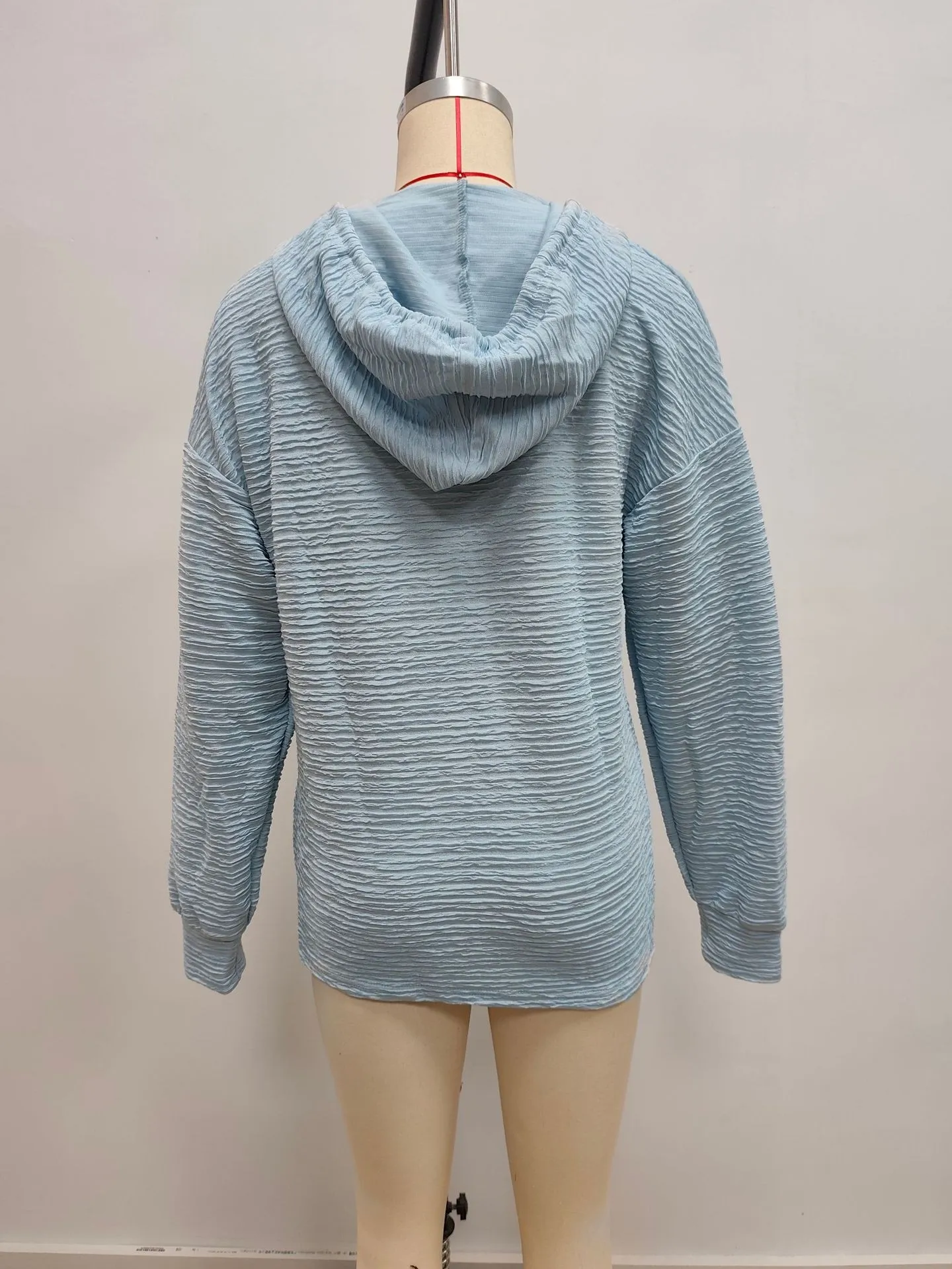 Casual Hooded Hoodie Mid Length Commuter with Jacquard Stripe or Check Pattern Three Button Placket Loose Fit Women Sweatshirt