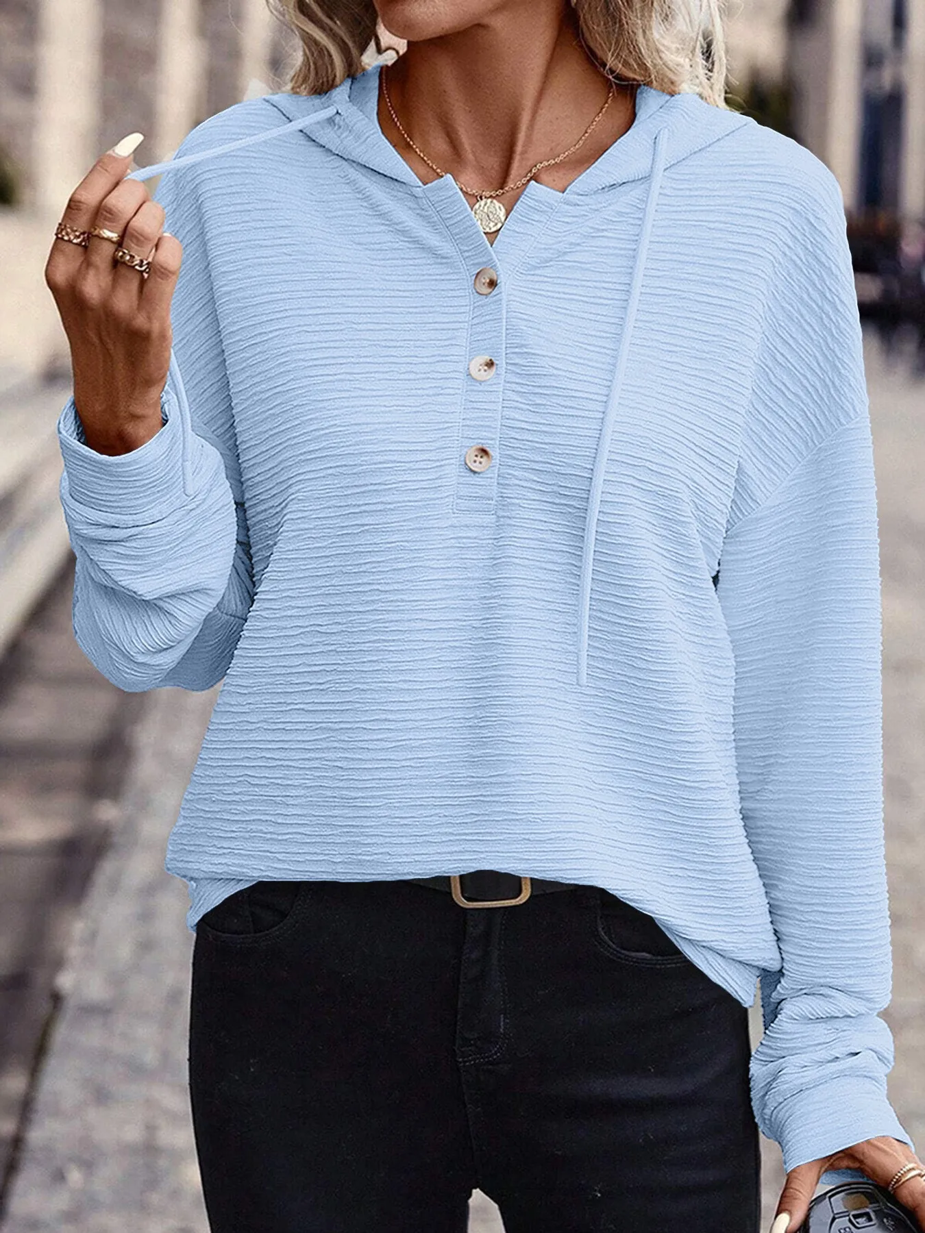 Casual Hooded Hoodie Mid Length Commuter with Jacquard Stripe or Check Pattern Three Button Placket Loose Fit Women Sweatshirt