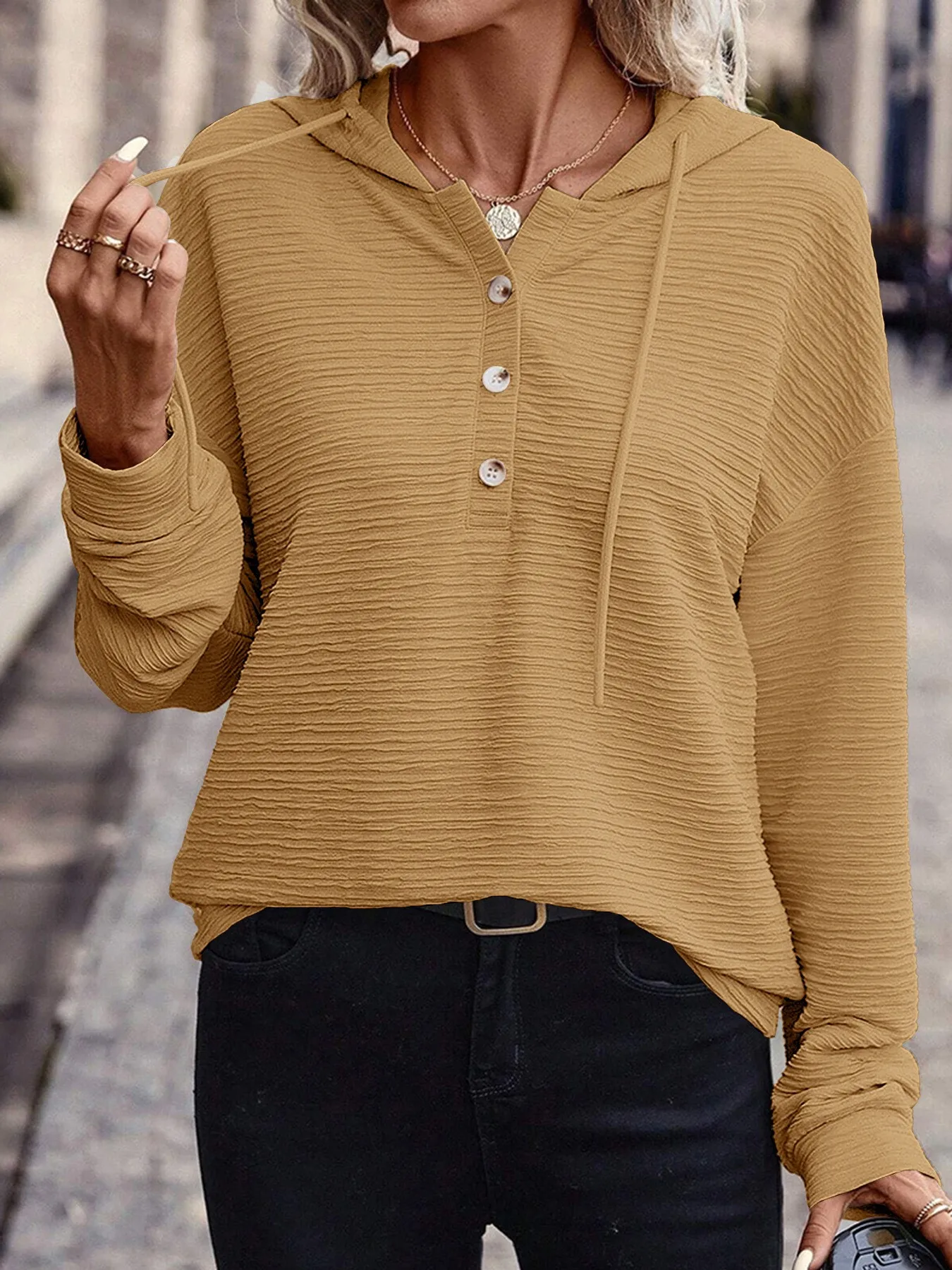 Casual Hooded Hoodie Mid Length Commuter with Jacquard Stripe or Check Pattern Three Button Placket Loose Fit Women Sweatshirt