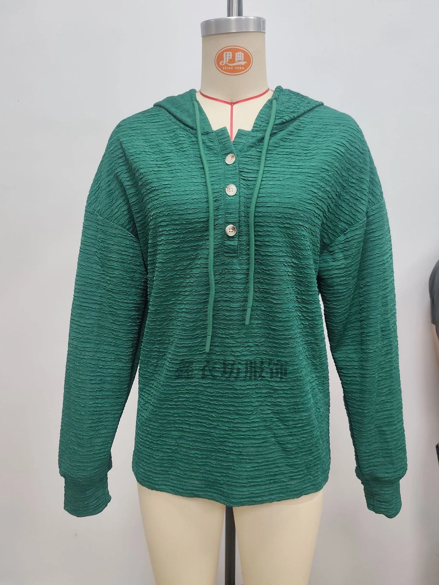 Casual Hooded Hoodie Mid Length Commuter with Jacquard Stripe or Check Pattern Three Button Placket Loose Fit Women Sweatshirt