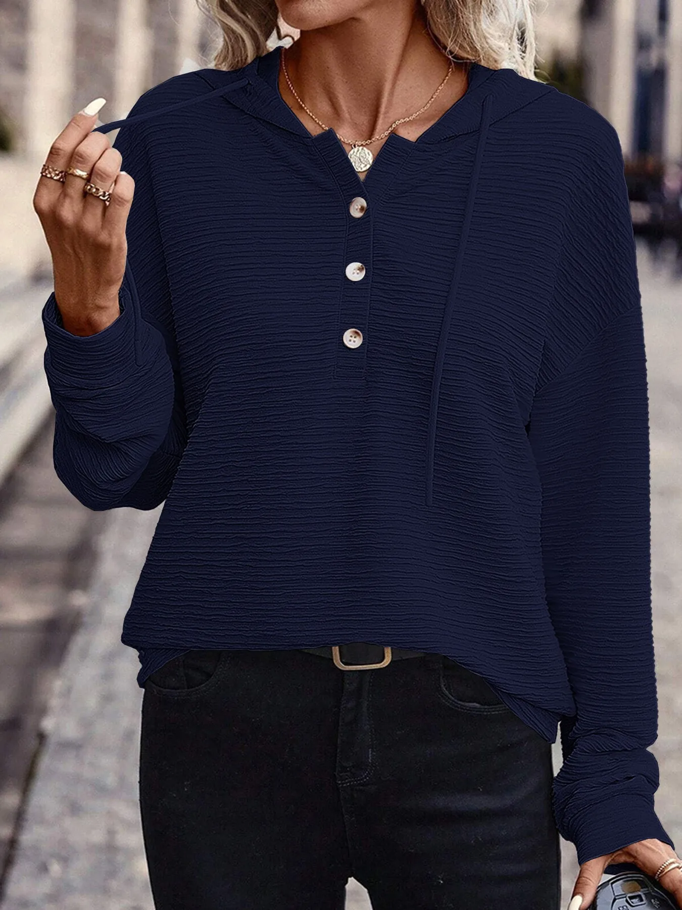 Casual Hooded Hoodie Mid Length Commuter with Jacquard Stripe or Check Pattern Three Button Placket Loose Fit Women Sweatshirt