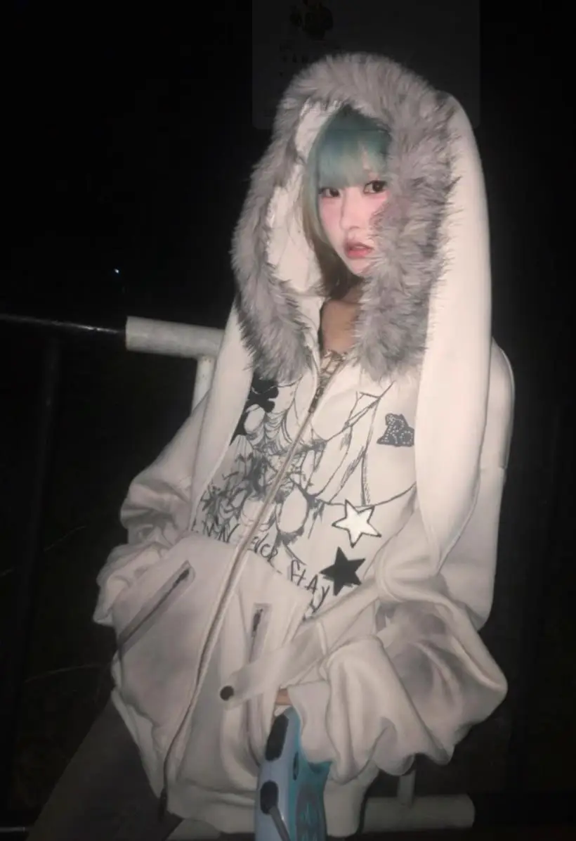Subculture Faux Coats Women Graphic Jacket Hooded Fleece Fur Hoodie Edgy American Retro Street Style Y2K Fashion Top Sweatshirt