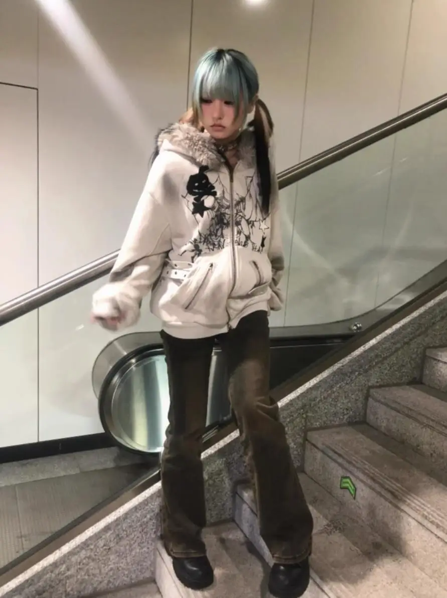 Subculture Faux Coats Women Graphic Jacket Hooded Fleece Fur Hoodie Edgy American Retro Street Style Y2K Fashion Top Sweatshirt