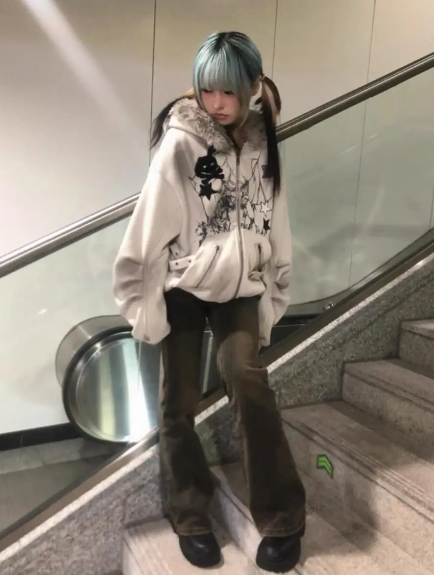 Subculture Faux Coats Women Graphic Jacket Hooded Fleece Fur Hoodie Edgy American Retro Street Style Y2K Fashion Top Sweatshirt