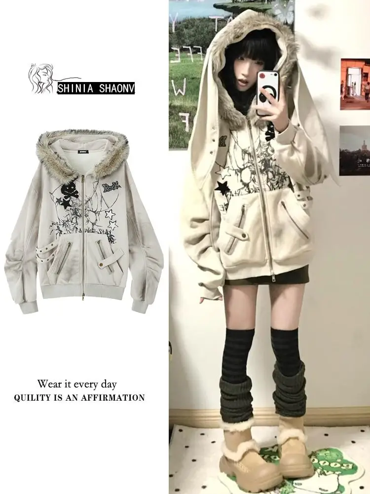 Subculture Faux Coats Women Graphic Jacket Hooded Fleece Fur Hoodie Edgy American Retro Street Style Y2K Fashion Top Sweatshirt