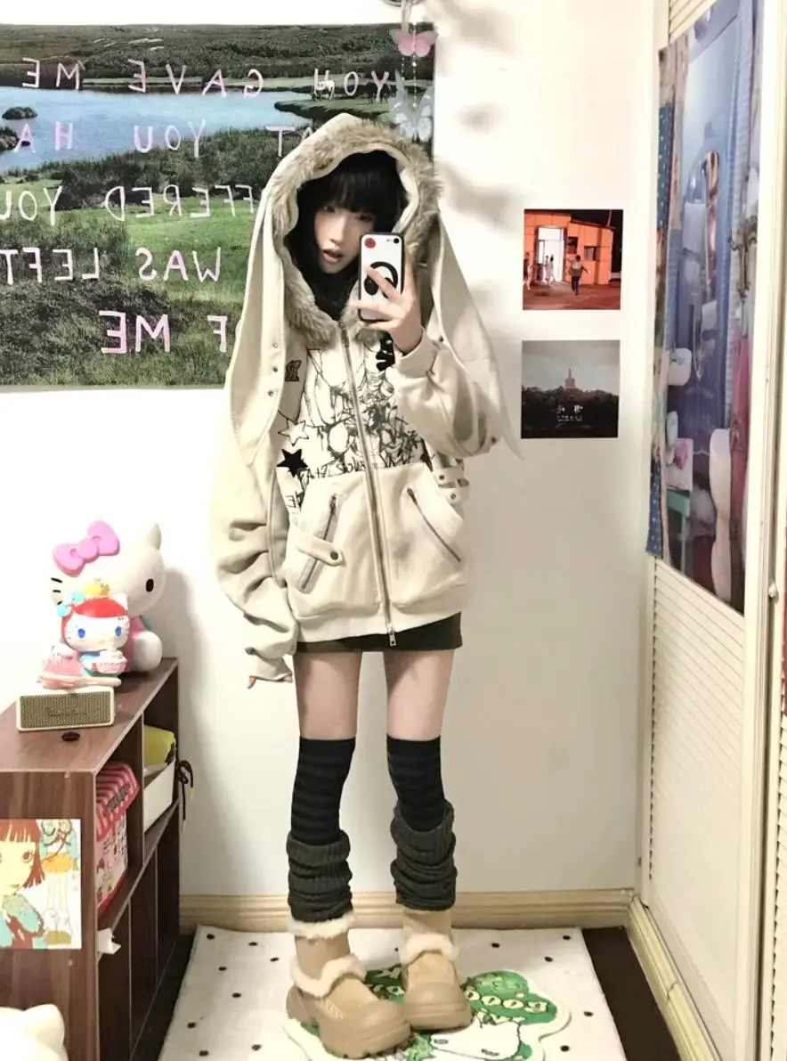 Subculture Faux Coats Women Graphic Jacket Hooded Fleece Fur Hoodie Edgy American Retro Street Style Y2K Fashion Top Sweatshirt