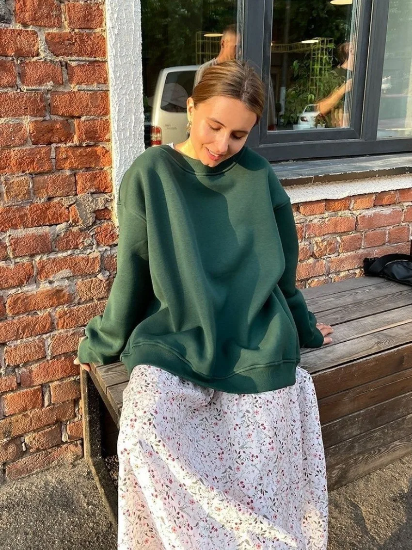 Loose Fit Pullover Hoodie Mid Length Streetwear with No Closure Regular Sleeve Regular Thickness Long Sleeve Women Sweatshirts