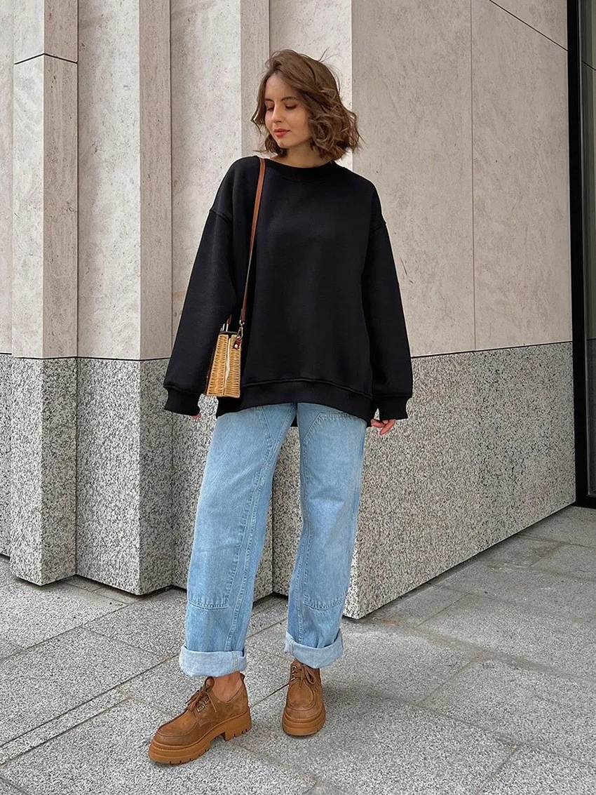 Loose Fit Pullover Hoodie Mid Length Streetwear with No Closure Regular Sleeve Regular Thickness Long Sleeve Women Sweatshirts