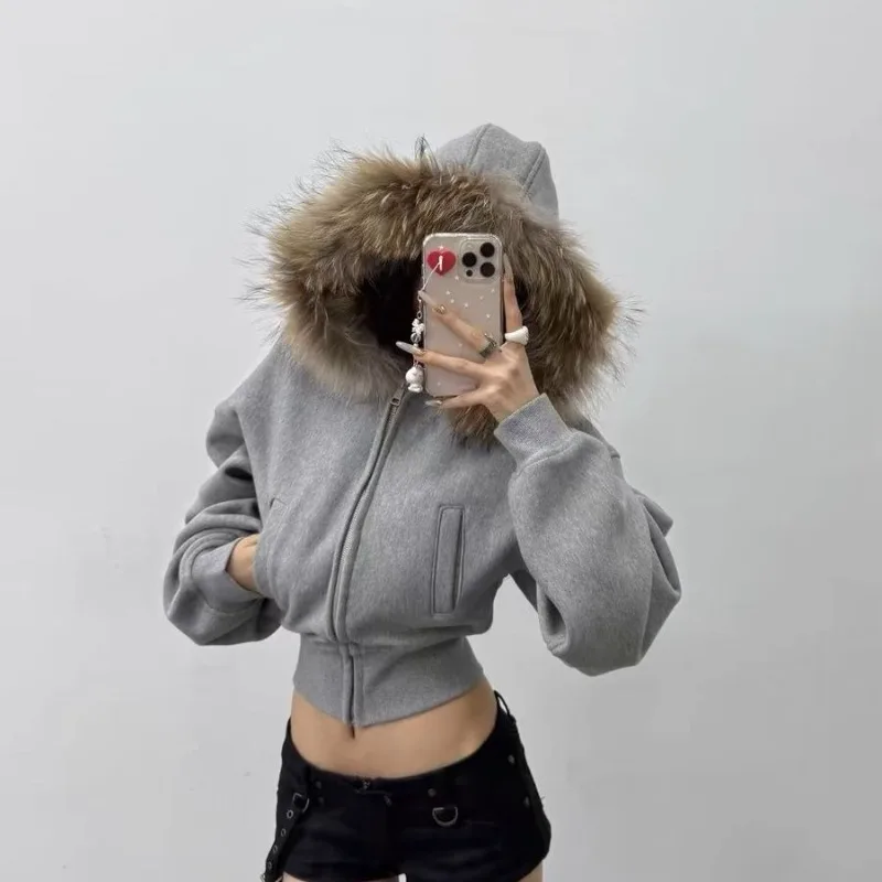 American Vintage Grey Hooded Jacket Women Faux Fur Collar Cropped Zip Up Sweatshirt Fashion Slim Fit Thickened Winter Coat New