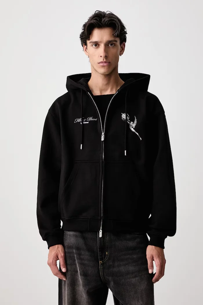 Y2K Men Full Zip Hoodie Black Angel Letter Print Hooded Sweatshirt Oversized Loose Streetwear Jacket Hip Hop Casual Long Sleeve