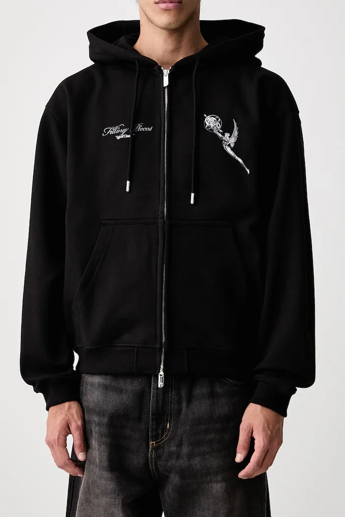 Y2K Men Full Zip Hoodie Black Angel Letter Print Hooded Sweatshirt Oversized Loose Streetwear Jacket Hip Hop Casual Long Sleeve