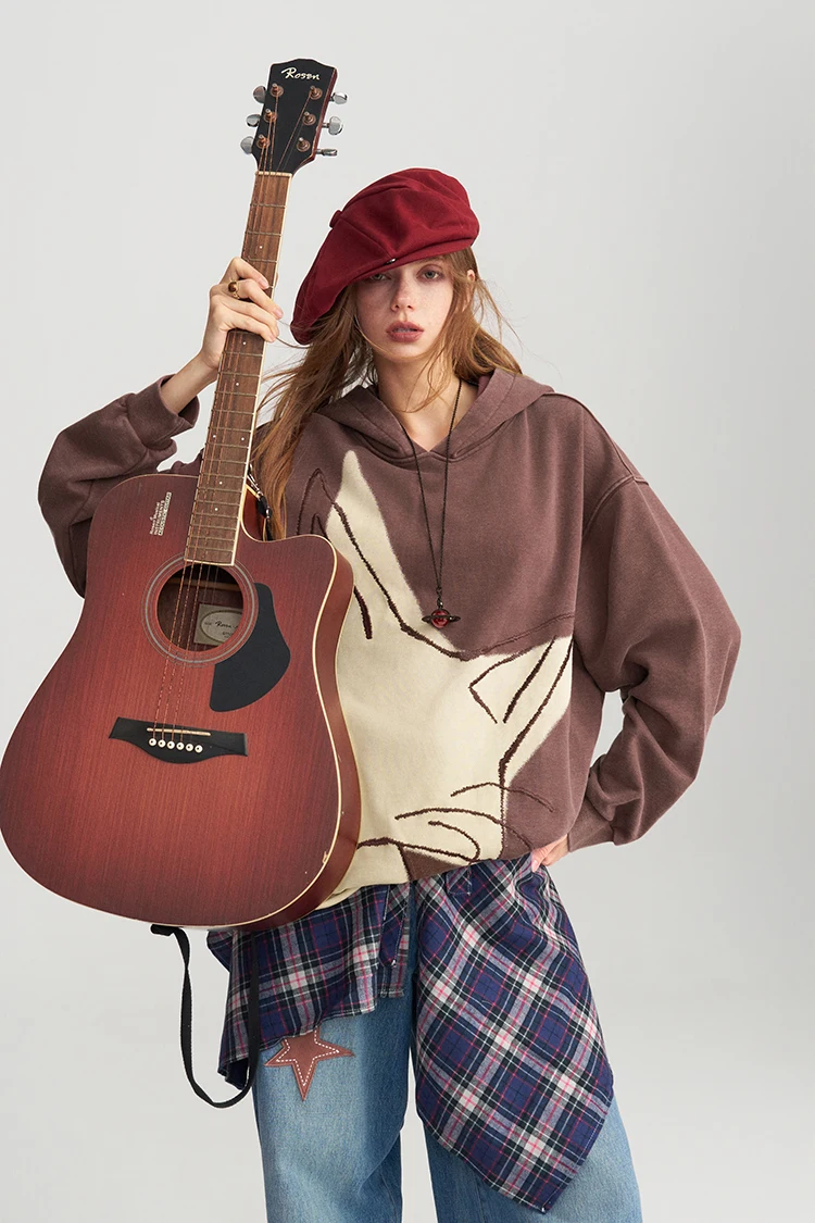 ELFSACK Women's Vintage Oversized Hoodie with Fox Graphic Print, Casual Long Sleeve Top for Daily Wear