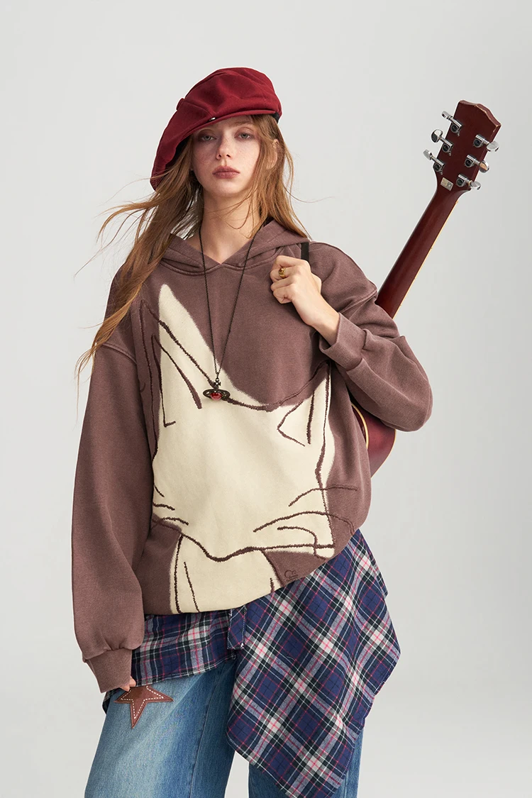 ELFSACK Women's Vintage Oversized Hoodie with Fox Graphic Print, Casual Long Sleeve Top for Daily Wear