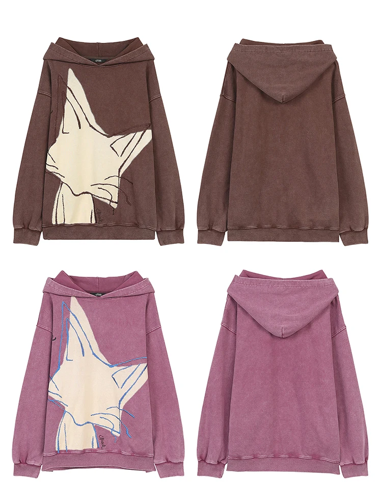 ELFSACK Women's Vintage Oversized Hoodie with Fox Graphic Print, Casual Long Sleeve Top for Daily Wear