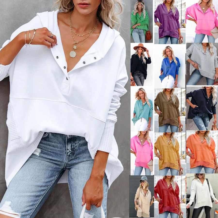 Casual Loose White Women Sweatshirt Autumn Winter V-neck Hooded Batwing Sleeve Hoodie Threaded Splicing Top For Women Pullovers
