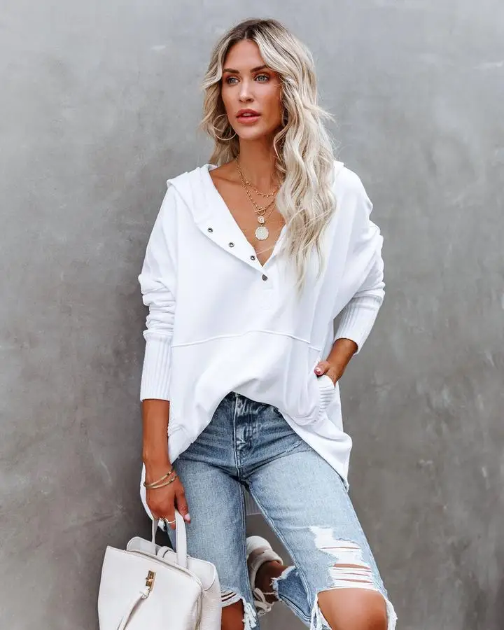 Casual Loose White Women Sweatshirt Autumn Winter V-neck Hooded Batwing Sleeve Hoodie Threaded Splicing Top For Women Pullovers