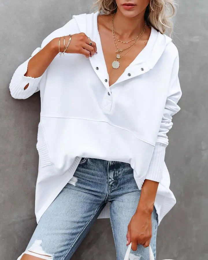 Casual Loose White Women Sweatshirt Autumn Winter V-neck Hooded Batwing Sleeve Hoodie Threaded Splicing Top For Women Pullovers