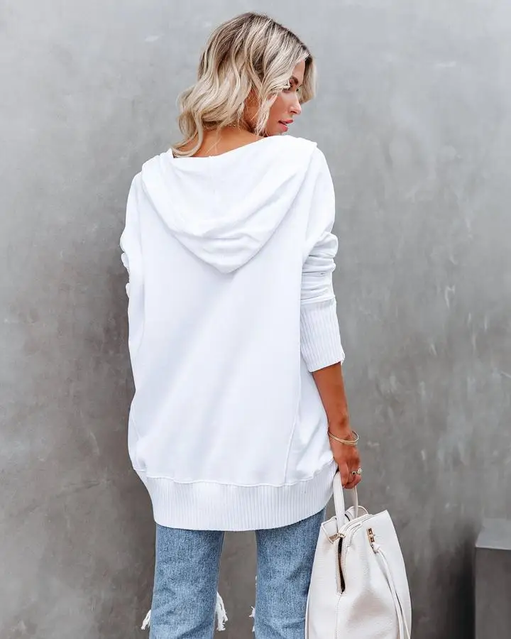 Casual Loose White Women Sweatshirt Autumn Winter V-neck Hooded Batwing Sleeve Hoodie Threaded Splicing Top For Women Pullovers