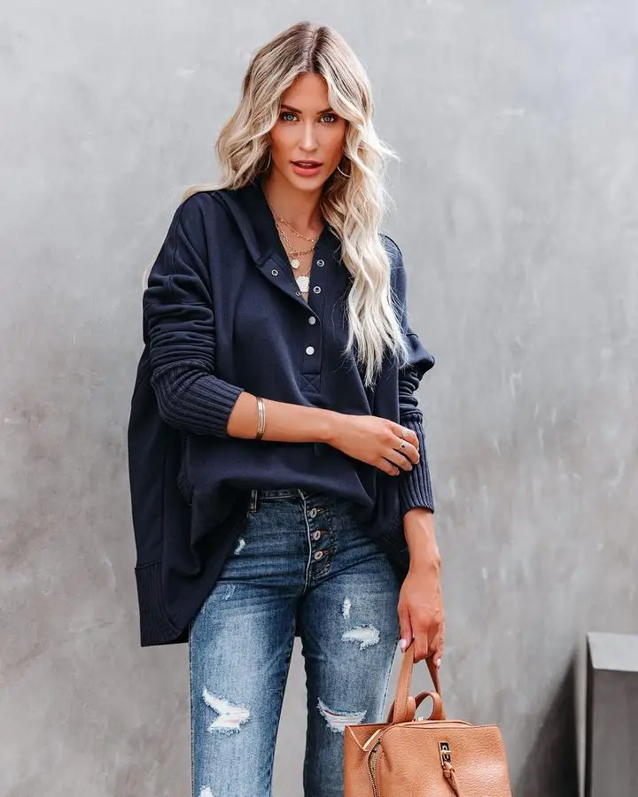 Casual Loose White Women Sweatshirt Autumn Winter V-neck Hooded Batwing Sleeve Hoodie Threaded Splicing Top For Women Pullovers