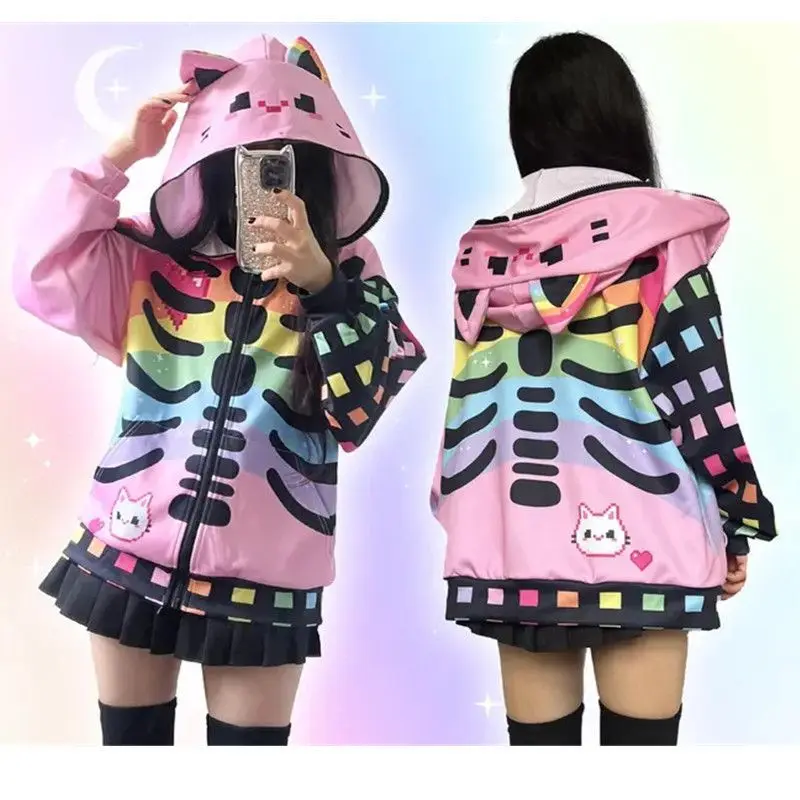 Japanese 3D Printing Casual Hoodies Women Y2k Aesthetic Vintage Loose Hoody Autumn Streetwear Zipper Pocket Grunge Sweatshirt