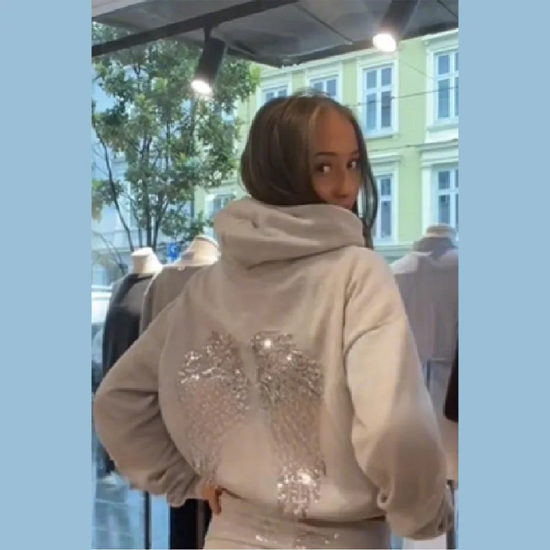 Women's Shinny Sequin Angel Wings Hooded Jacket Pant Long Sleeve Loose Casual Hooded Pullover 2026 New Lady Y2k Autumn Outwears