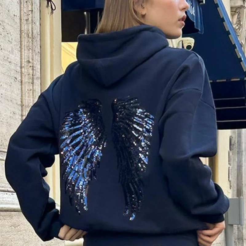 Women's Shinny Sequin Angel Wings Hooded Jacket Pant Long Sleeve Loose Casual Hooded Pullover 2026 New Lady Y2k Autumn Outwears