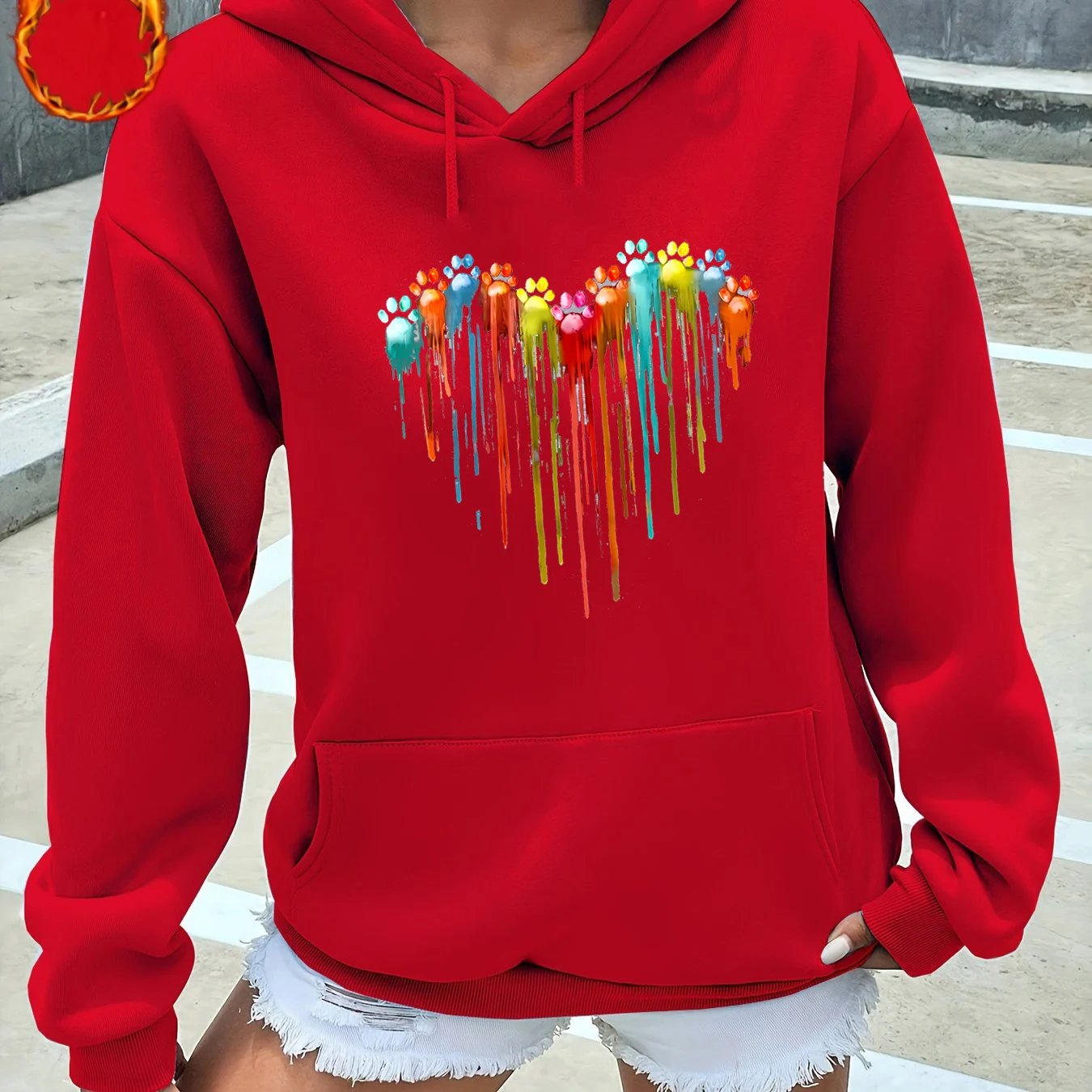 Women's Autumn and Winter Warm and Loose Casual Heart-Shaped Printed Velvet Long-Sleeved Hooded Sweatshirt