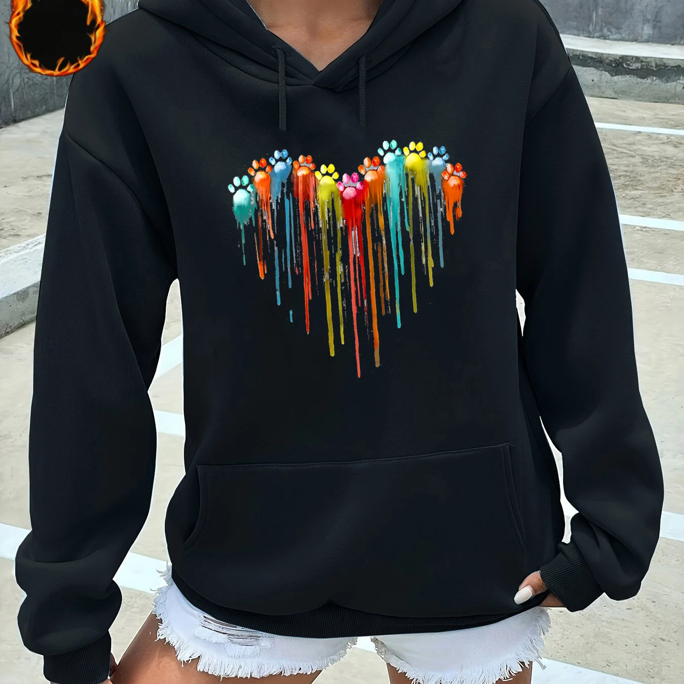Women's Autumn and Winter Warm and Loose Casual Heart-Shaped Printed Velvet Long-Sleeved Hooded Sweatshirt