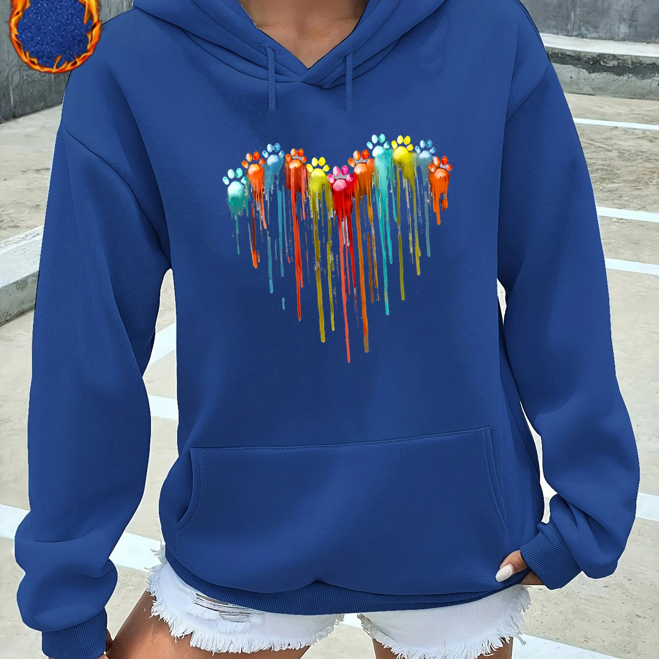 Women's Autumn and Winter Warm and Loose Casual Heart-Shaped Printed Velvet Long-Sleeved Hooded Sweatshirt