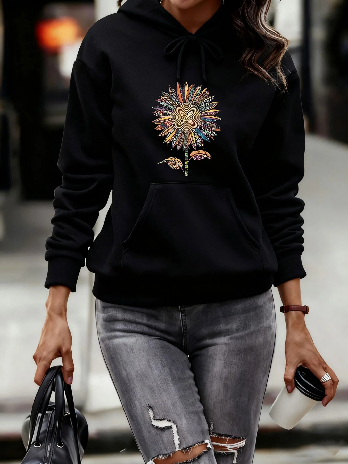 Women's Autumn and Winter Warm and Loose Casual Heart-Shaped Printed Velvet Long-Sleeved Hooded Sweatshirt
