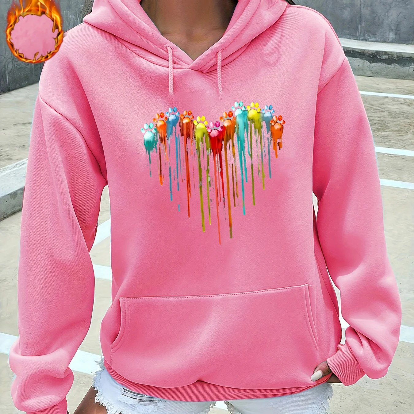 Women's Autumn and Winter Warm and Loose Casual Heart-Shaped Printed Velvet Long-Sleeved Hooded Sweatshirt