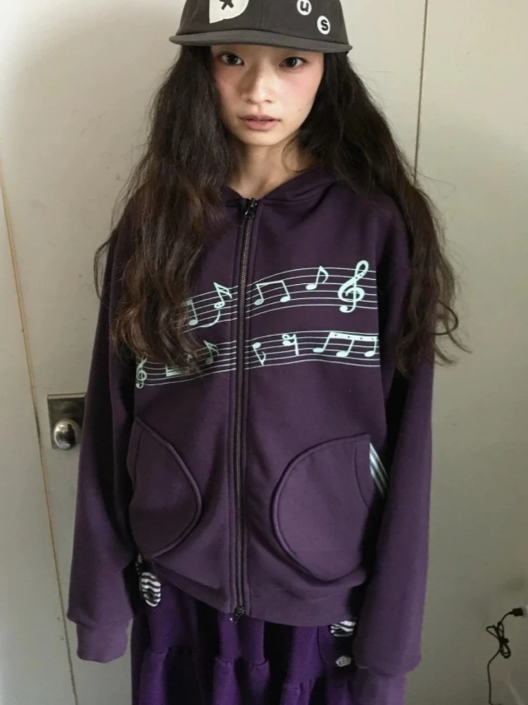 2026 Women's Clothing Korean Zip-up Hoodies Jackets Ropa Mujer Chic Y2k Tops Hooded Print Pockets Casual Fashion Hoodie Coats