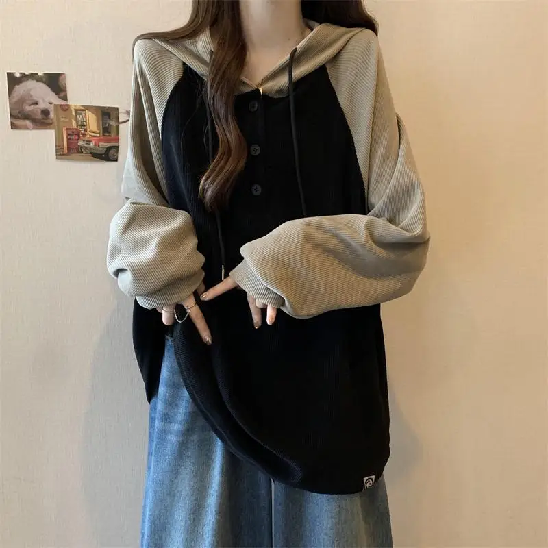 Women Clothing Fashion Casual Long Sleeve Hoodies Spring Autumn Loose Lazy Style Top Tee Office Lady Button Patchwork Pullover