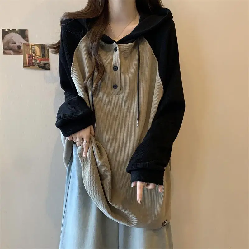 Women Clothing Fashion Casual Long Sleeve Hoodies Spring Autumn Loose Lazy Style Top Tee Office Lady Button Patchwork Pullover