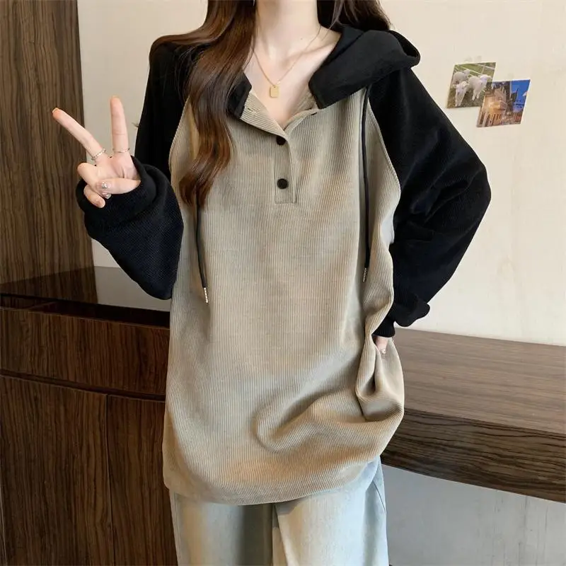 Women Clothing Fashion Casual Long Sleeve Hoodies Spring Autumn Loose Lazy Style Top Tee Office Lady Button Patchwork Pullover