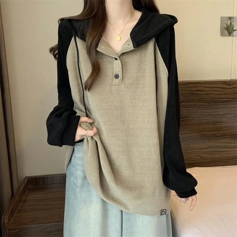 Women Clothing Fashion Casual Long Sleeve Hoodies Spring Autumn Loose Lazy Style Top Tee Office Lady Button Patchwork Pullover