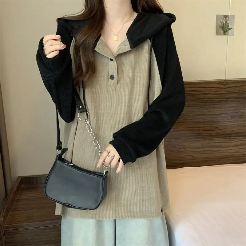 Women Clothing Fashion Casual Long Sleeve Hoodies Spring Autumn Loose Lazy Style Top Tee Office Lady Button Patchwork Pullover