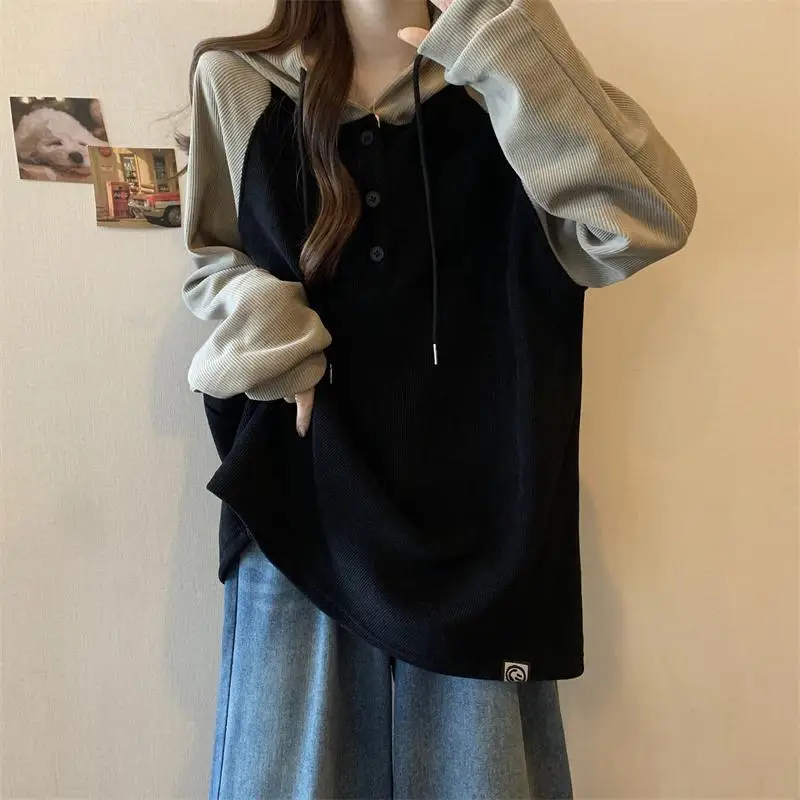 Women Clothing Fashion Casual Long Sleeve Hoodies Spring Autumn Loose Lazy Style Top Tee Office Lady Button Patchwork Pullover