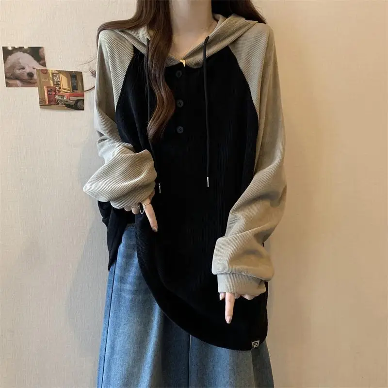 Women Clothing Fashion Casual Long Sleeve Hoodies Spring Autumn Loose Lazy Style Top Tee Office Lady Button Patchwork Pullover
