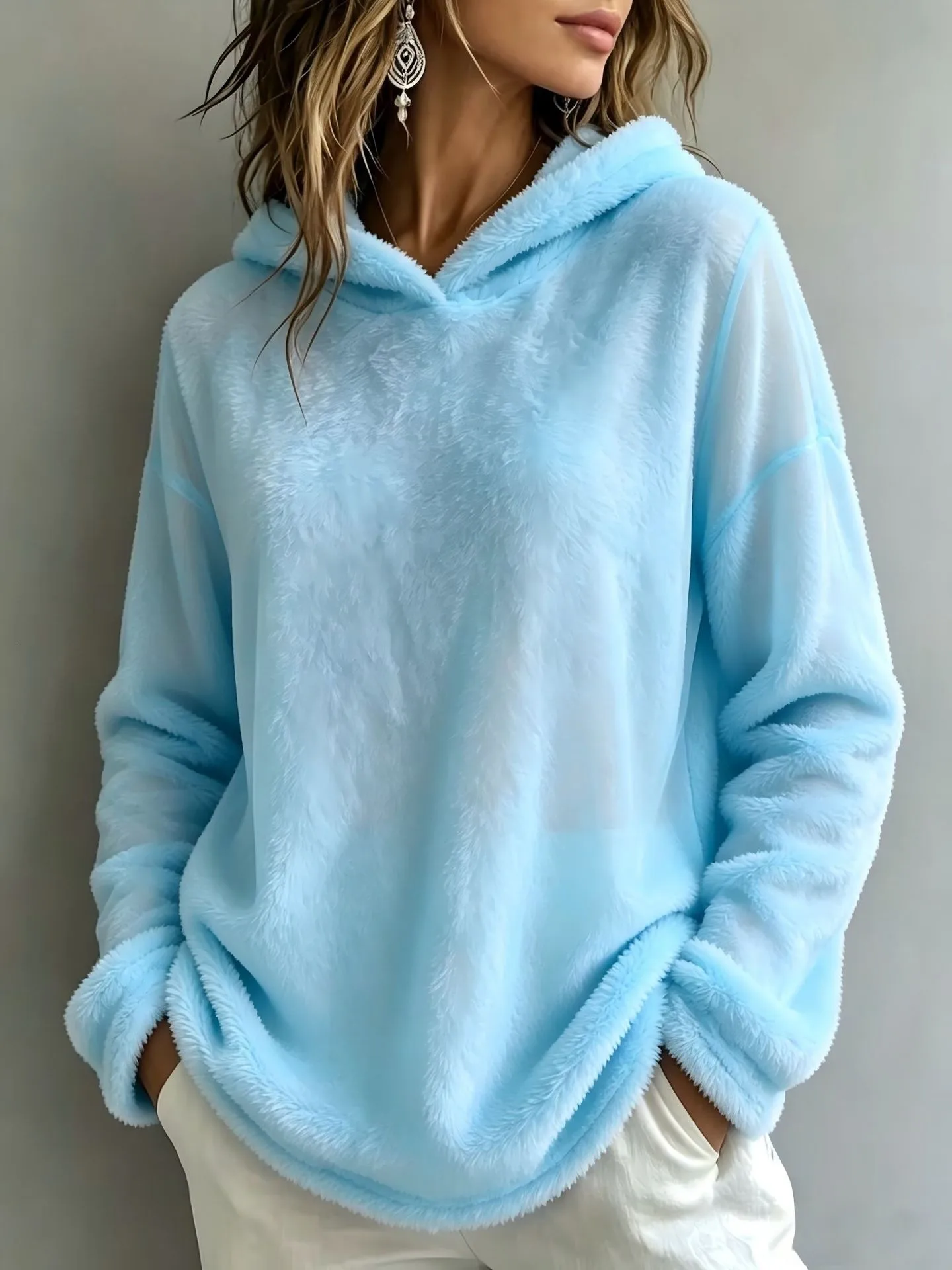 Women's Winter Clothing Thick Fleece Brushed Loose Fit Solid Color Long Sleeve No Collar Hoodie for Women and Women's Sweater