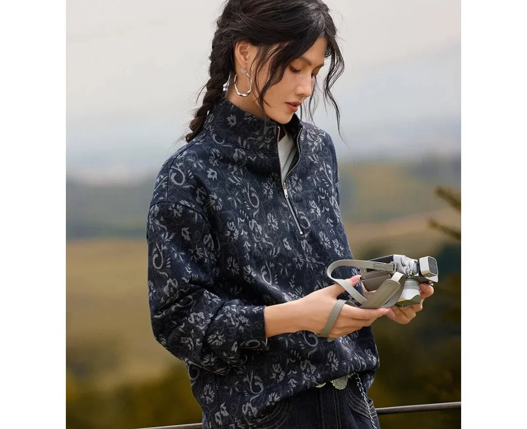 Women's Vintage Jacquard Denim Sweatshirt Half Zip Stand Collar Floral Print Coat Loose Fit Boho Chic Fall Winter Outerwear Top